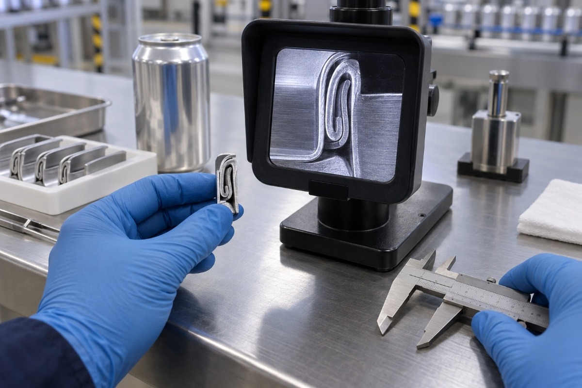 Technician inspecting an aluminium beverage can double seam