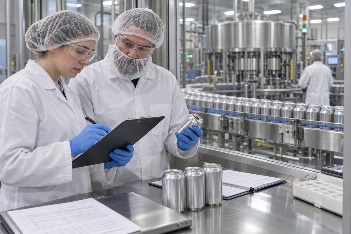 Quality team reviewing a bubble tea production line and audit documents