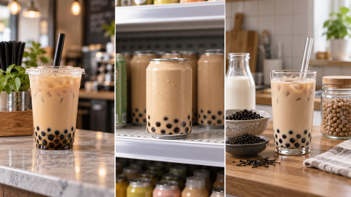 Comparison banner showing cafe bubble tea, supermarket RTD cans, and homemade boba ingredients
