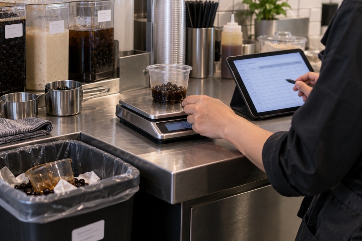Bubble tea manager weighing discarded tapioca and recording waste