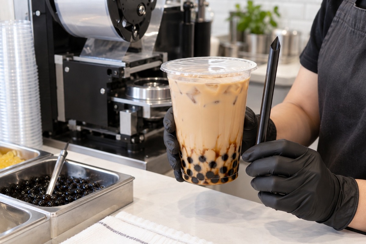 Worker checking the film seal on a bubble tea cup