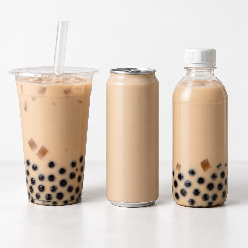 Bubble tea cups, cans, and bottles arranged side by side showing different packaging formats.