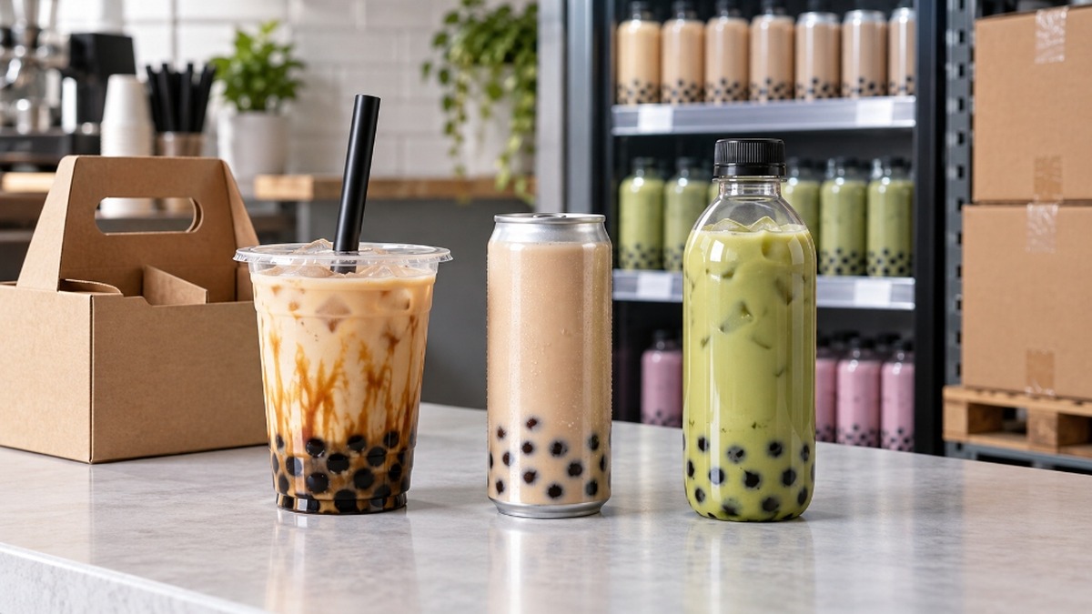 Bubble tea served in sealed cups, seamed cans, and clear bottles side by side.