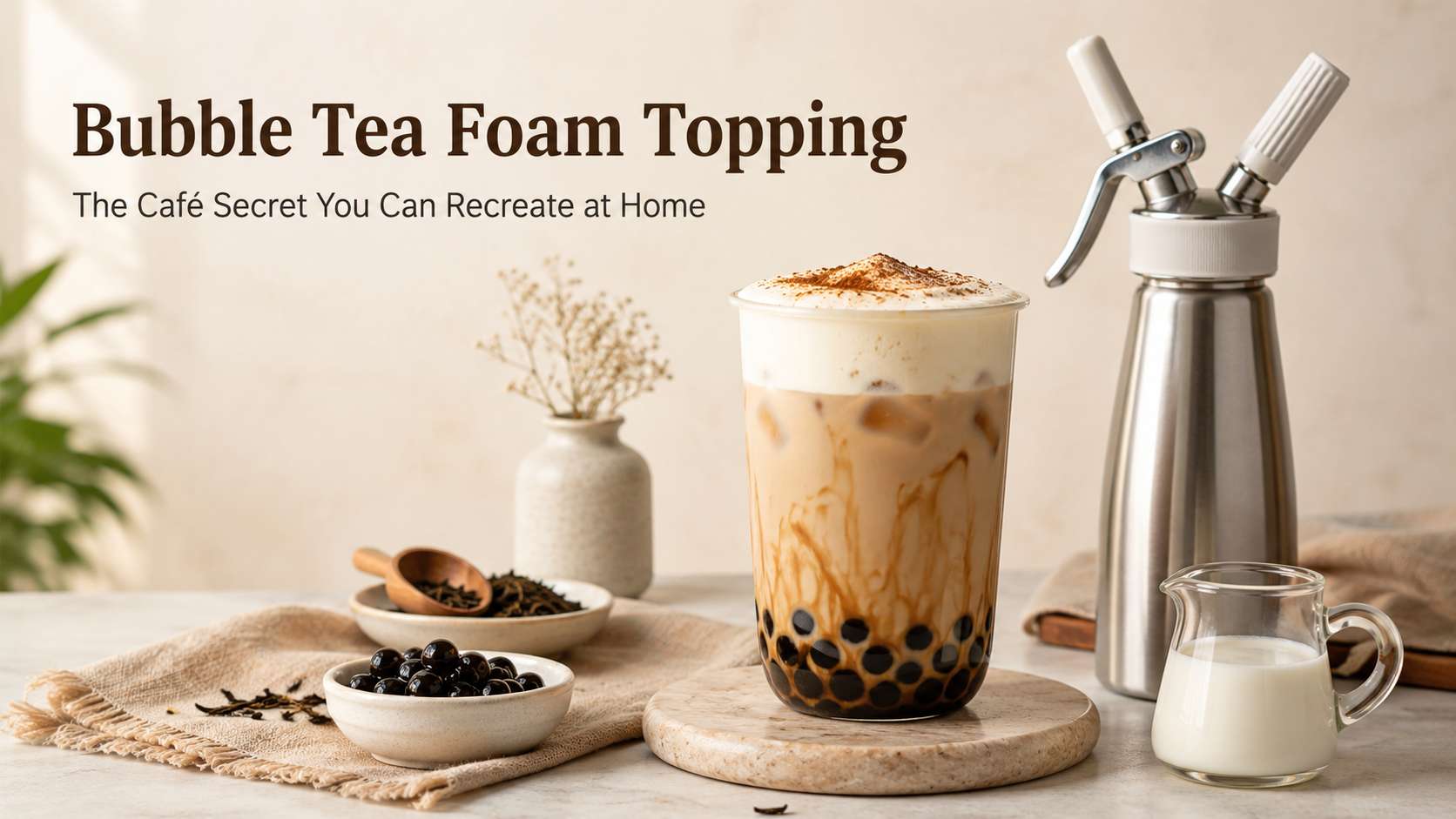 Bubble tea foam topping with cream charger and boba pearls