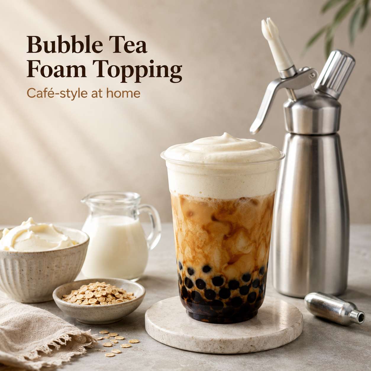 Square bubble tea foam topping served with cream charger