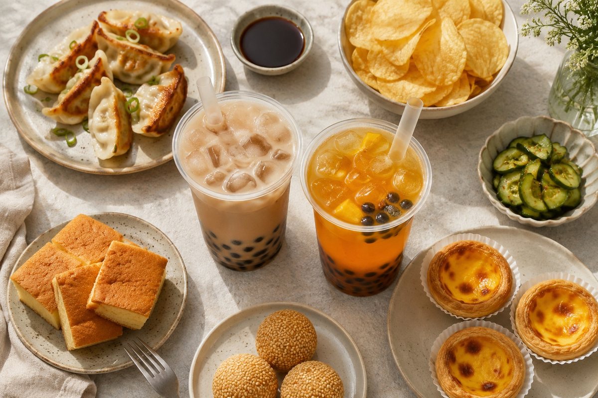 Sweet and savoury foods arranged with creamy and fruity bubble tea.