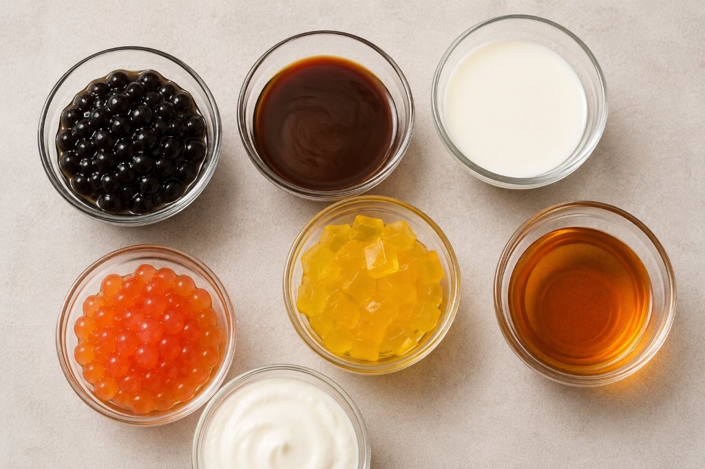 Bubble tea ingredients that can add hidden sugar including powders, syrup, pearls, and toppings.