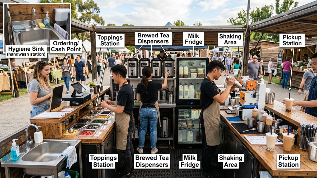 Bubble tea market stall workflow with separate order, drink and hygiene areas