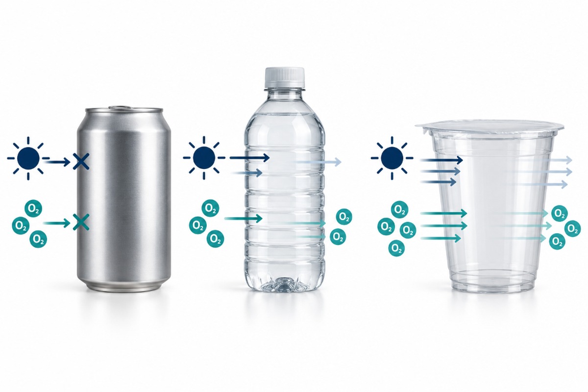 Diagram comparing oxygen and moisture barrier performance across cups, cans, and bottles.