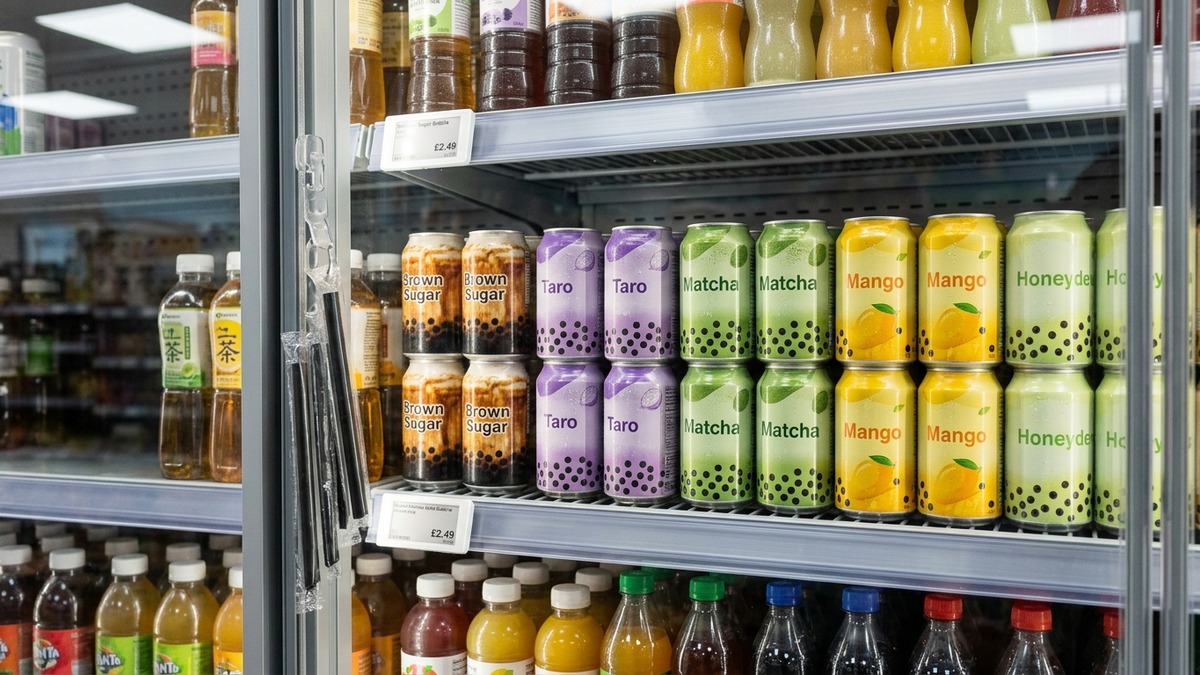 Ready-to-drink bubble tea cans displayed at eye level in a supermarket cooler