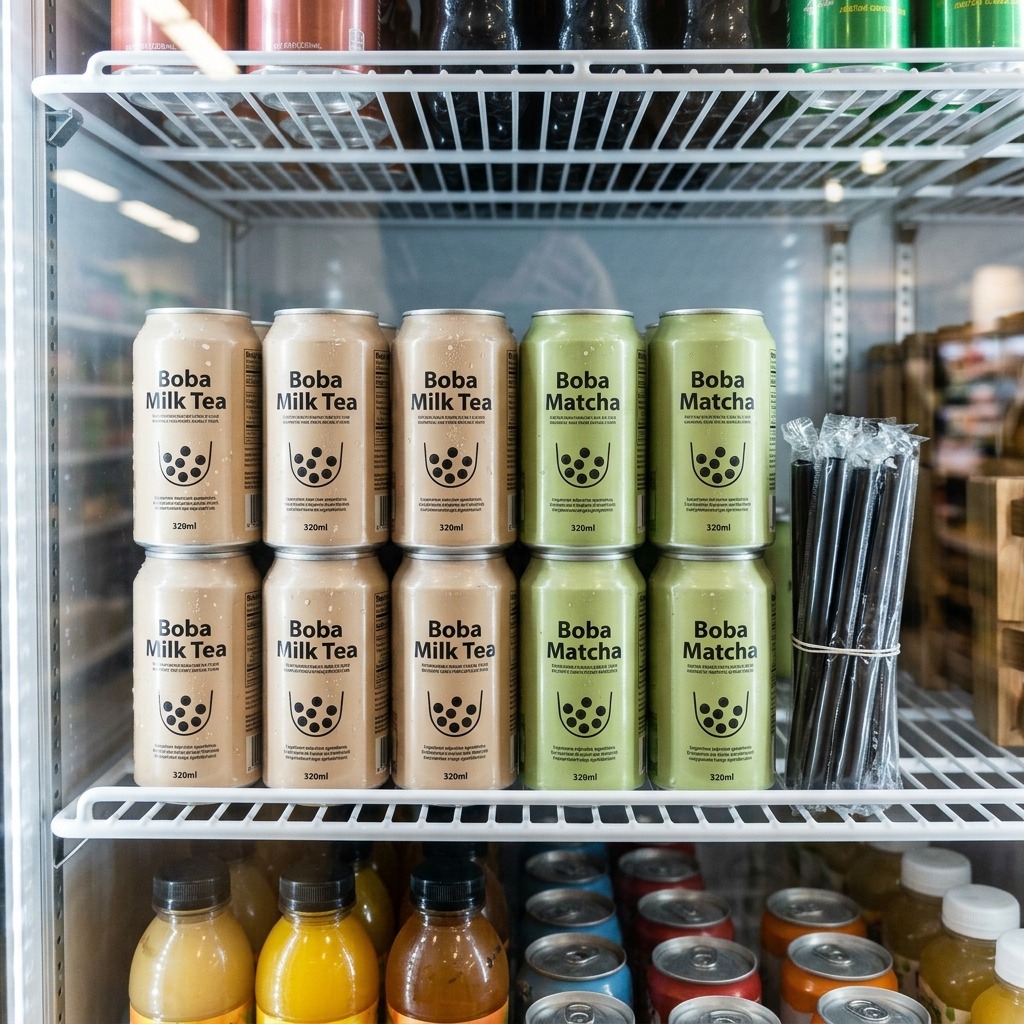 Square view of retail grocery bubble tea display endcap with colorful cans