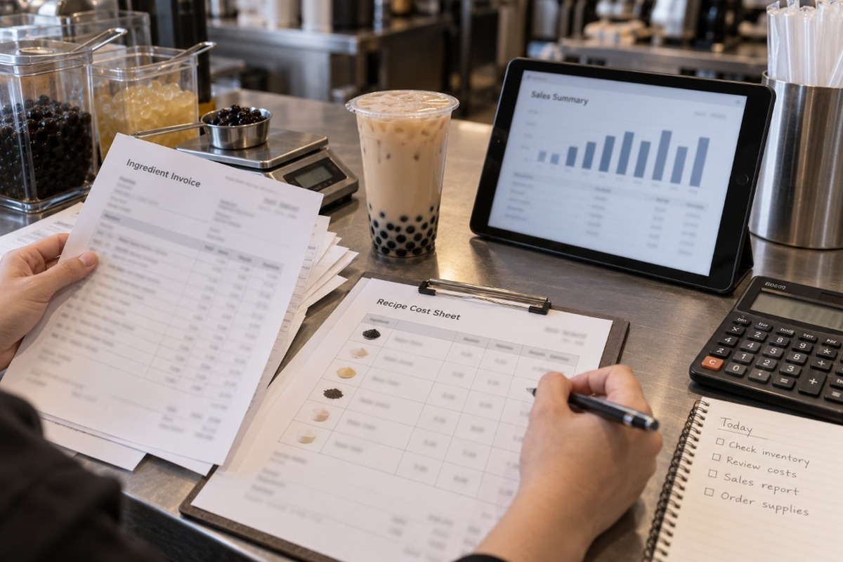 Bubble tea manager checking recipe costs and sales records