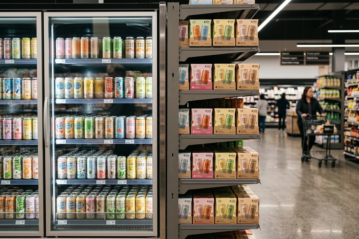 Chilled single bubble tea cans and ambient multipacks displayed for different shopping needs