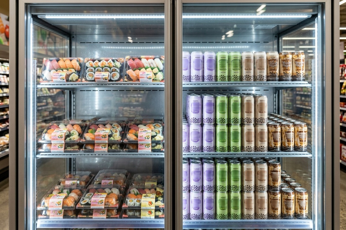 Chilled bubble tea displayed beside supermarket sushi in a grab-and-go cooler