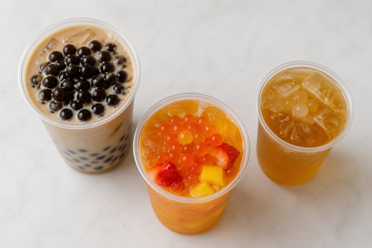 Bubble tea drinks with different topping portions.