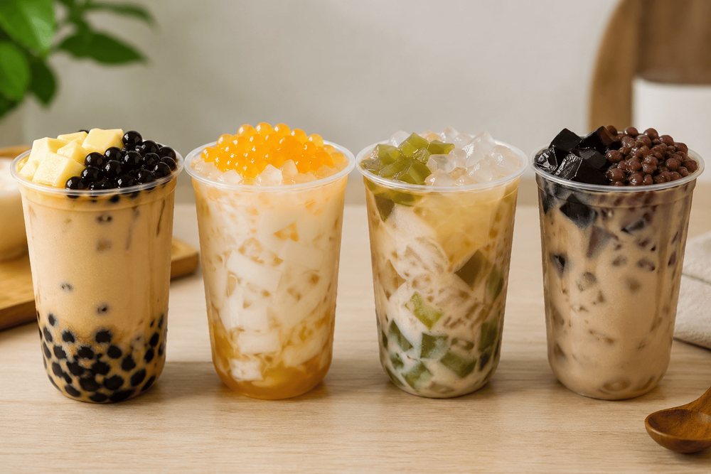 Bubble tea topping combinations with pearls, pudding, popping boba, coconut jelly, aloe, aiyu jelly, grass jelly, and red bean.