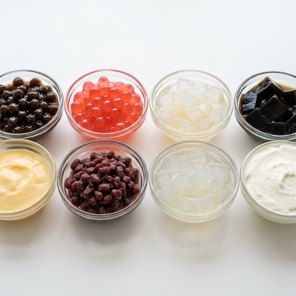 Bubble tea toppings including tapioca pearls, popping boba, jelly, pudding, red bean, aloe, and cheese foam