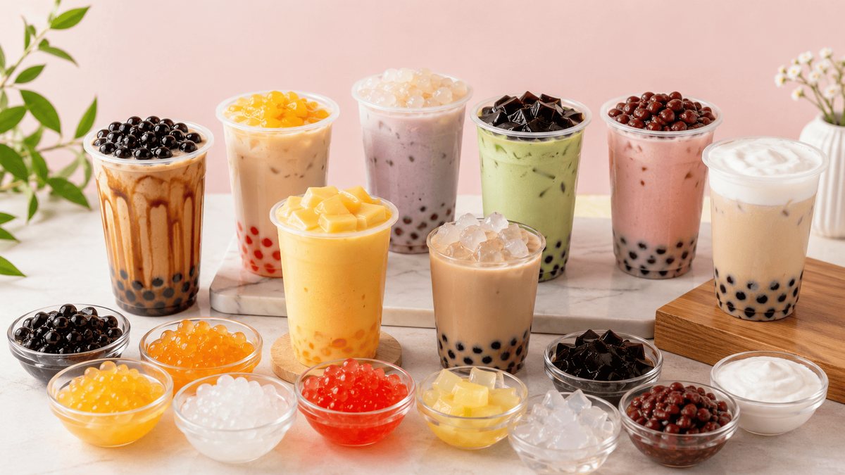 Colorful bubble tea toppings arranged around two bubble tea cups.