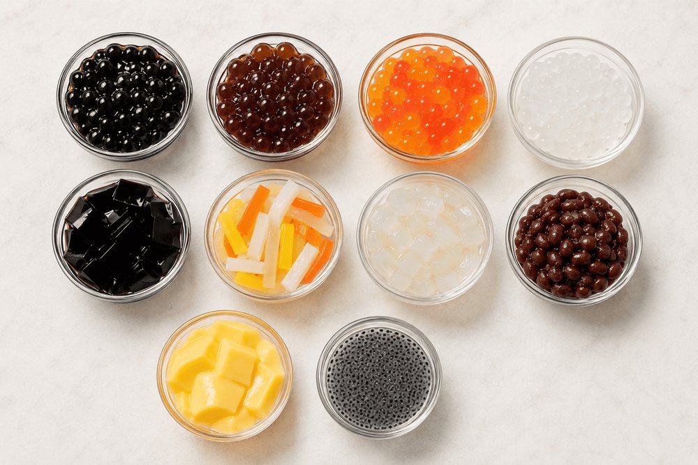 Small bowls of common bubble tea toppings including pearls, popping boba, jelly, aloe, pudding, and red bean.