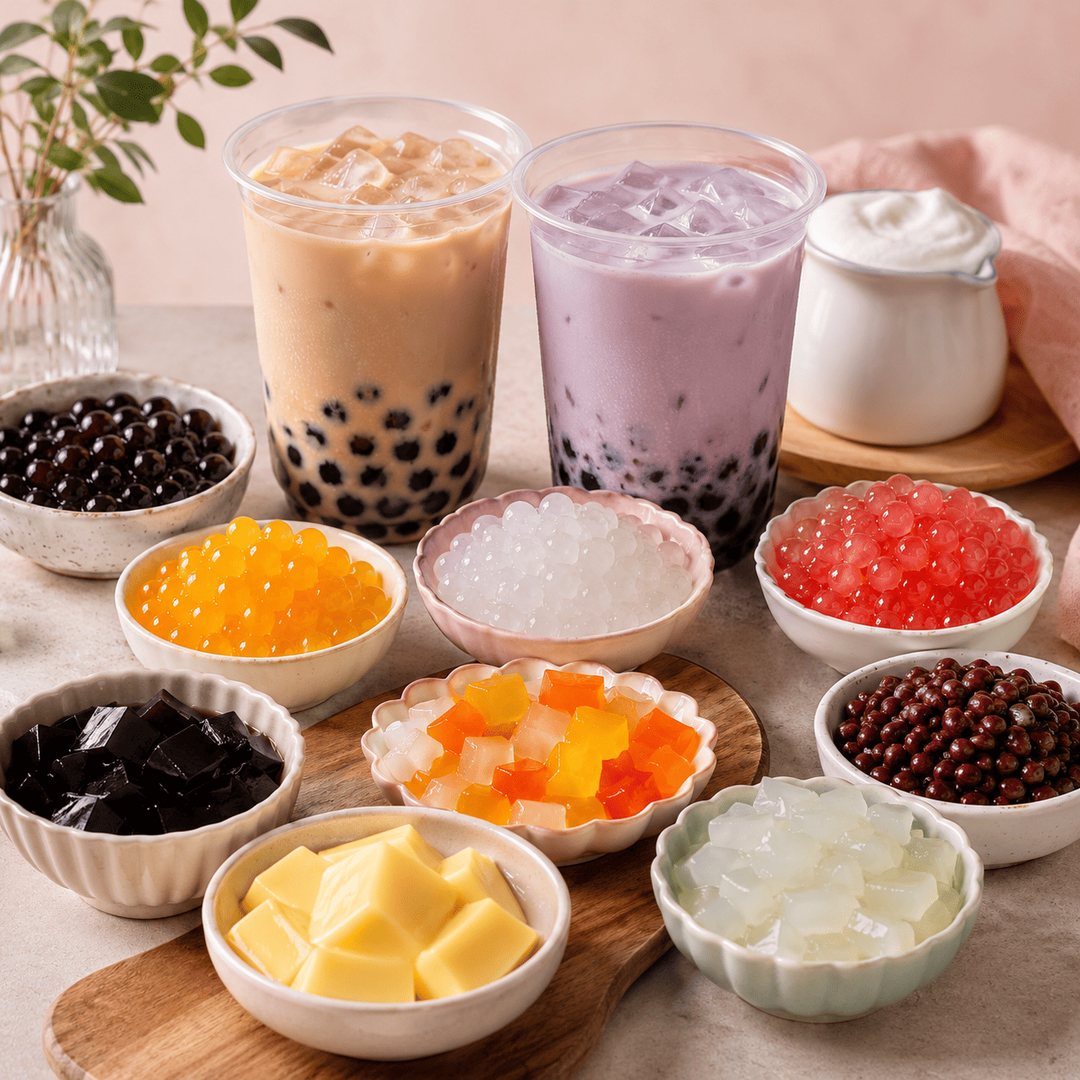 Colorful bubble tea toppings arranged around two bubble tea cups.