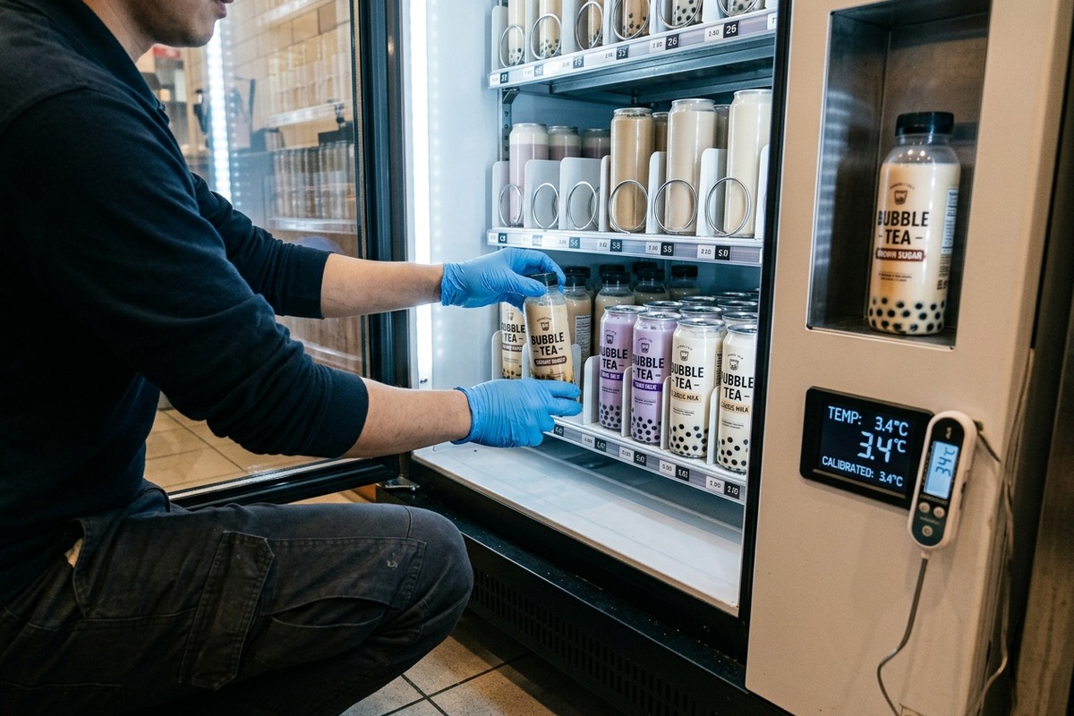 Worker rotating bubble tea stock and checking vending temperature