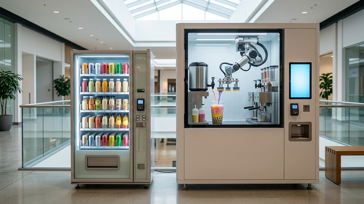 Packaged bubble tea vendor beside a robotic drink kiosk
