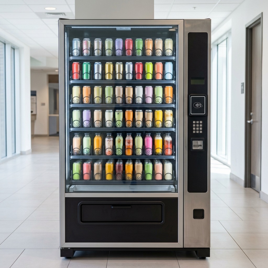 Chilled bubble tea vending machine stocked with cans and bottles