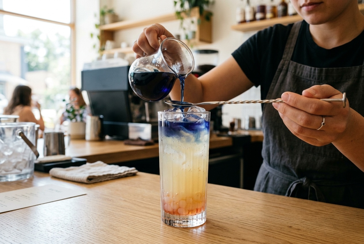 Barista pouring deep blue butterfly pea flower tea over the back of a bar spoon to float on top of lemonade and popping boba