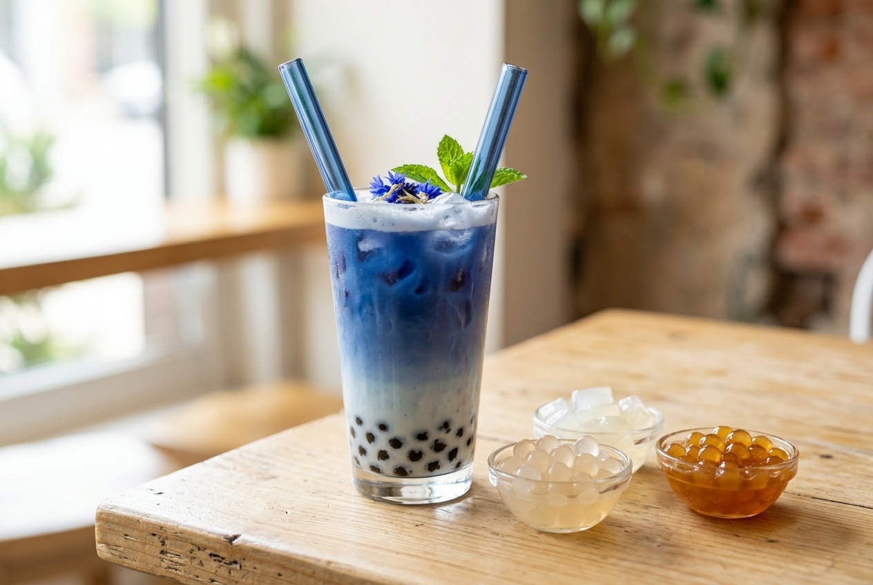 Clear bowls containing lychee popping boba, translucent aloe vera jelly cubes, and glossy honey tapioca pearls