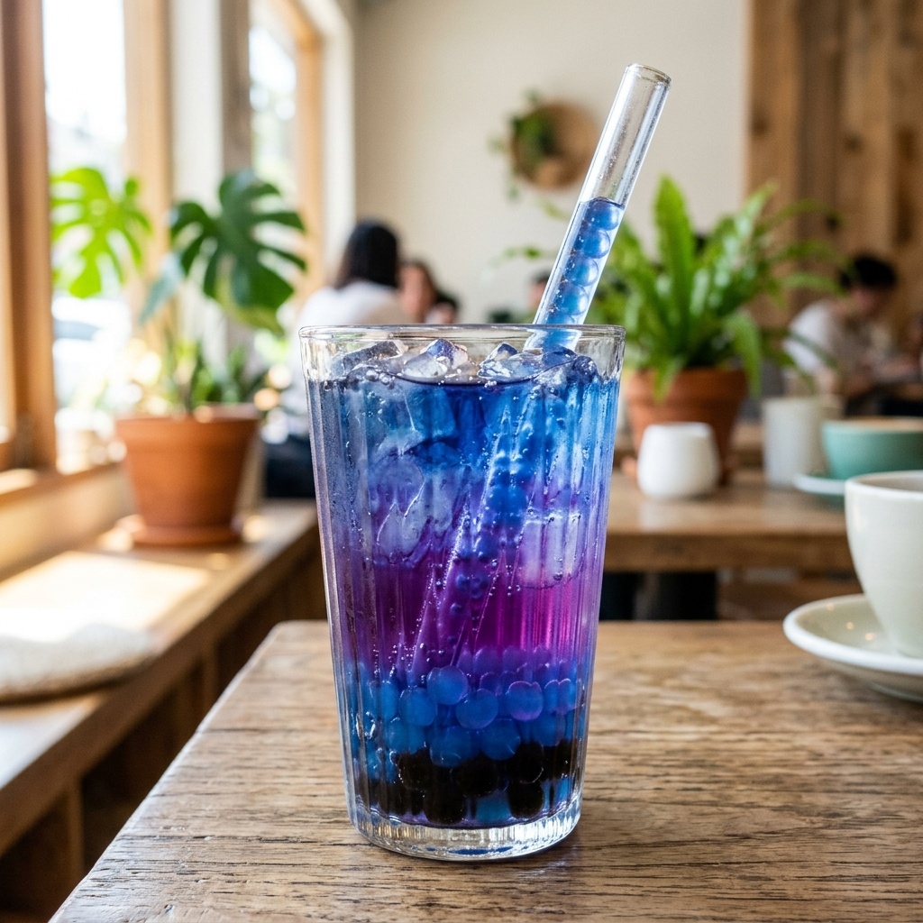 Square view of blue and purple butterfly pea boba with popping pearls