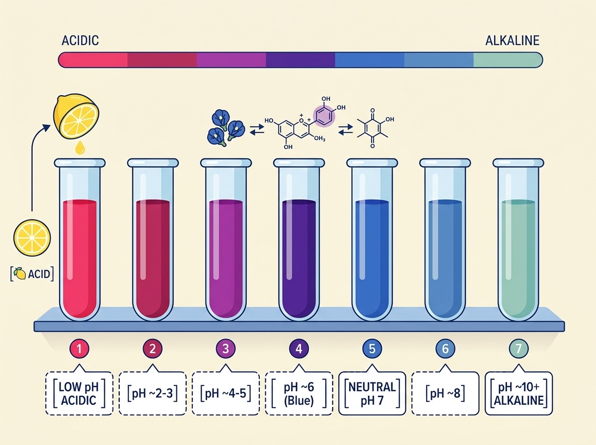 Educational food science infographic illustrating pH color shifts of butterfly pea tea from acidic magenta to neutral sapphire blue