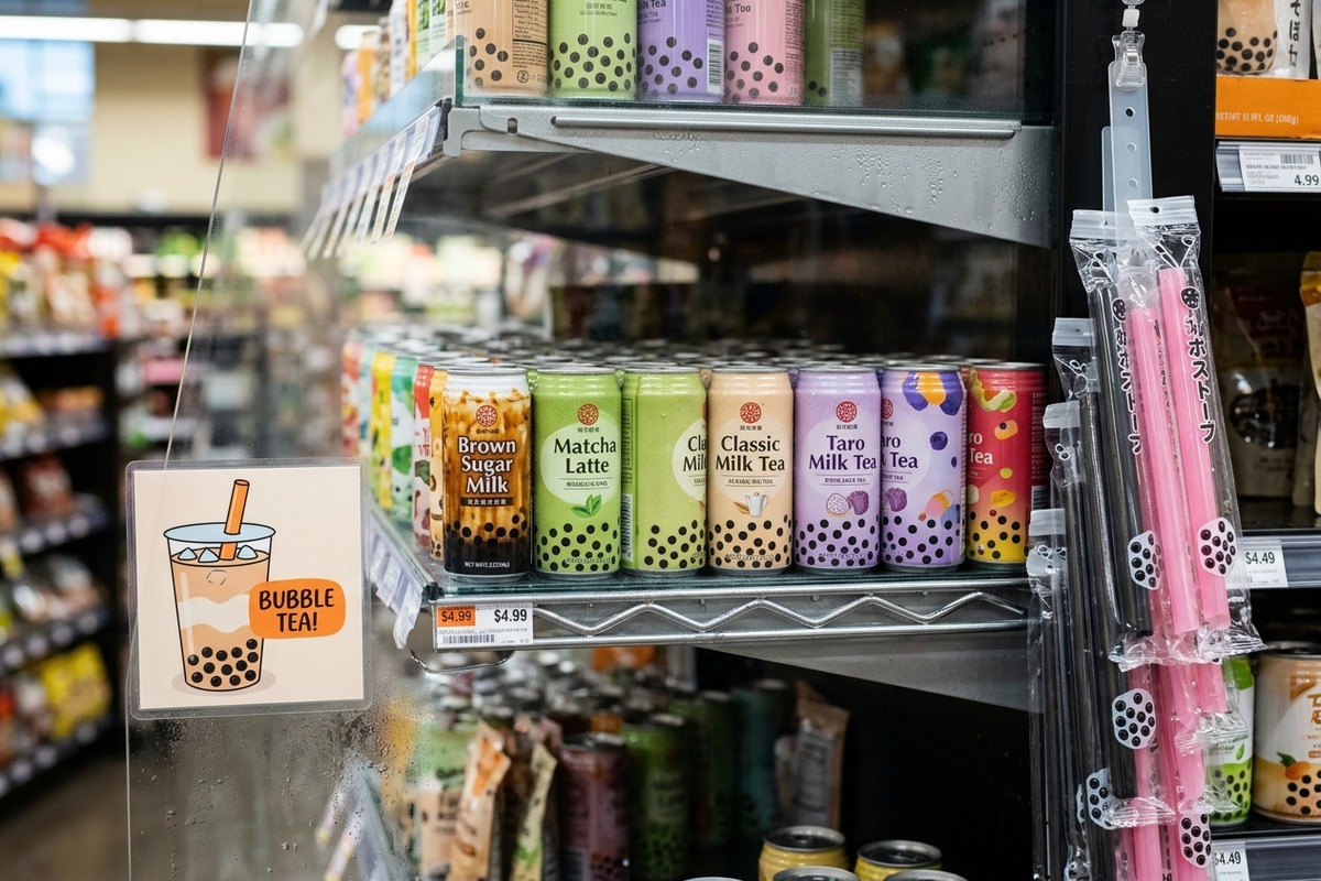 Bubble tea cans with a shelf sign and wide wrapped boba straws