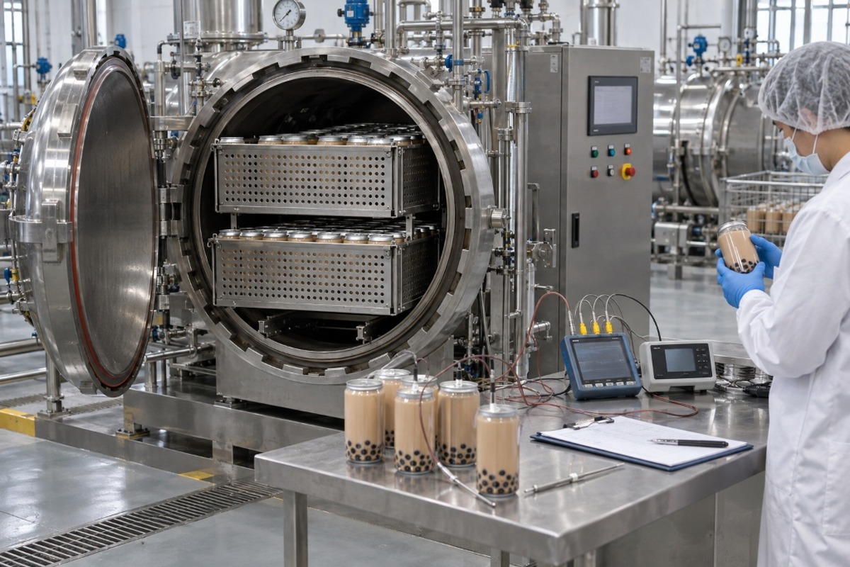 Retort processing equipment with canned bubble tea samples prepared for validation