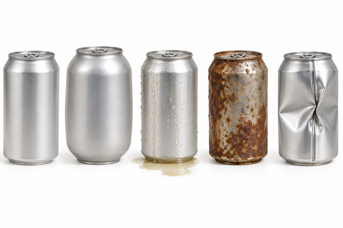 Swollen, leaking, rusted and deeply dented beverage cans