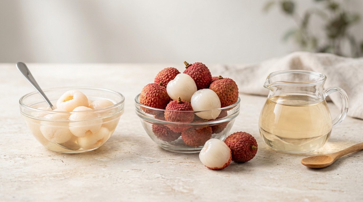 Canned lychee, fresh lychee, and lychee syrup shown side by side