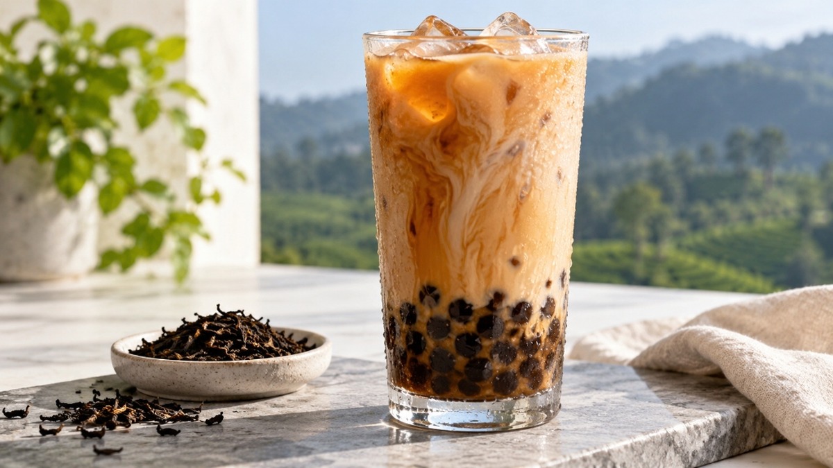 Iced Ceylon milk tea with honey tapioca pearls beside loose Sri Lankan black tea