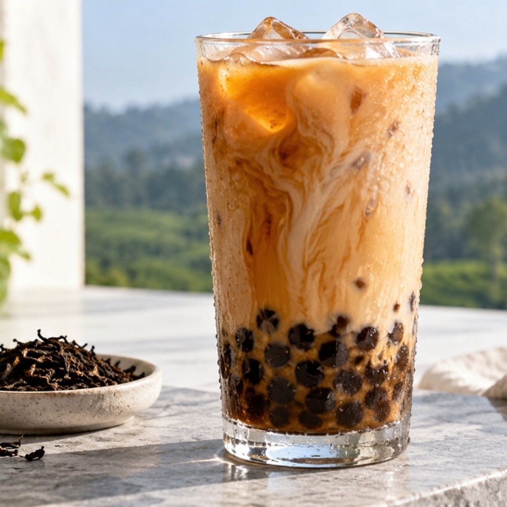 Square view of Ceylon boba milk tea with honey pearls