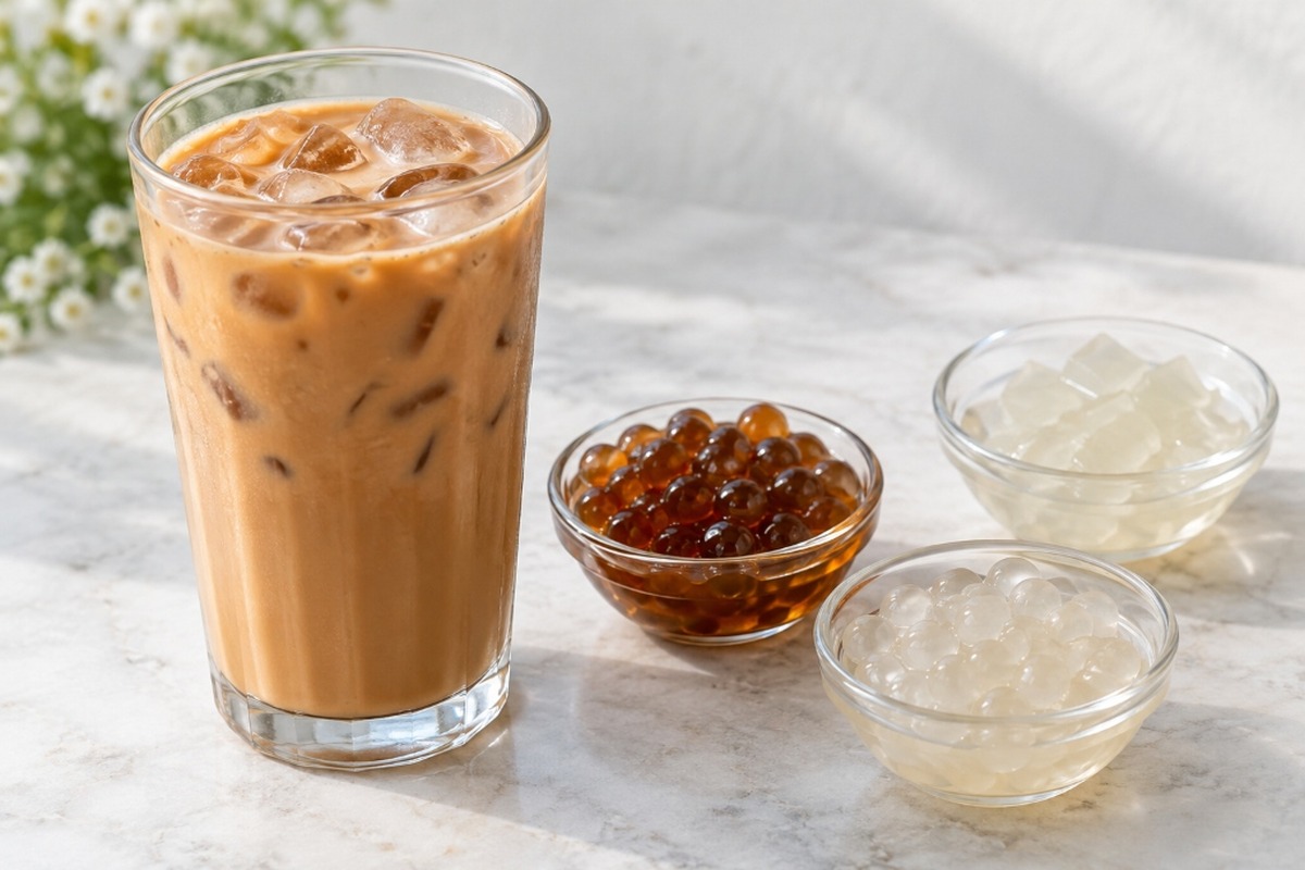 Ceylon milk tea served with honey boba, aloe jelly and crystal boba