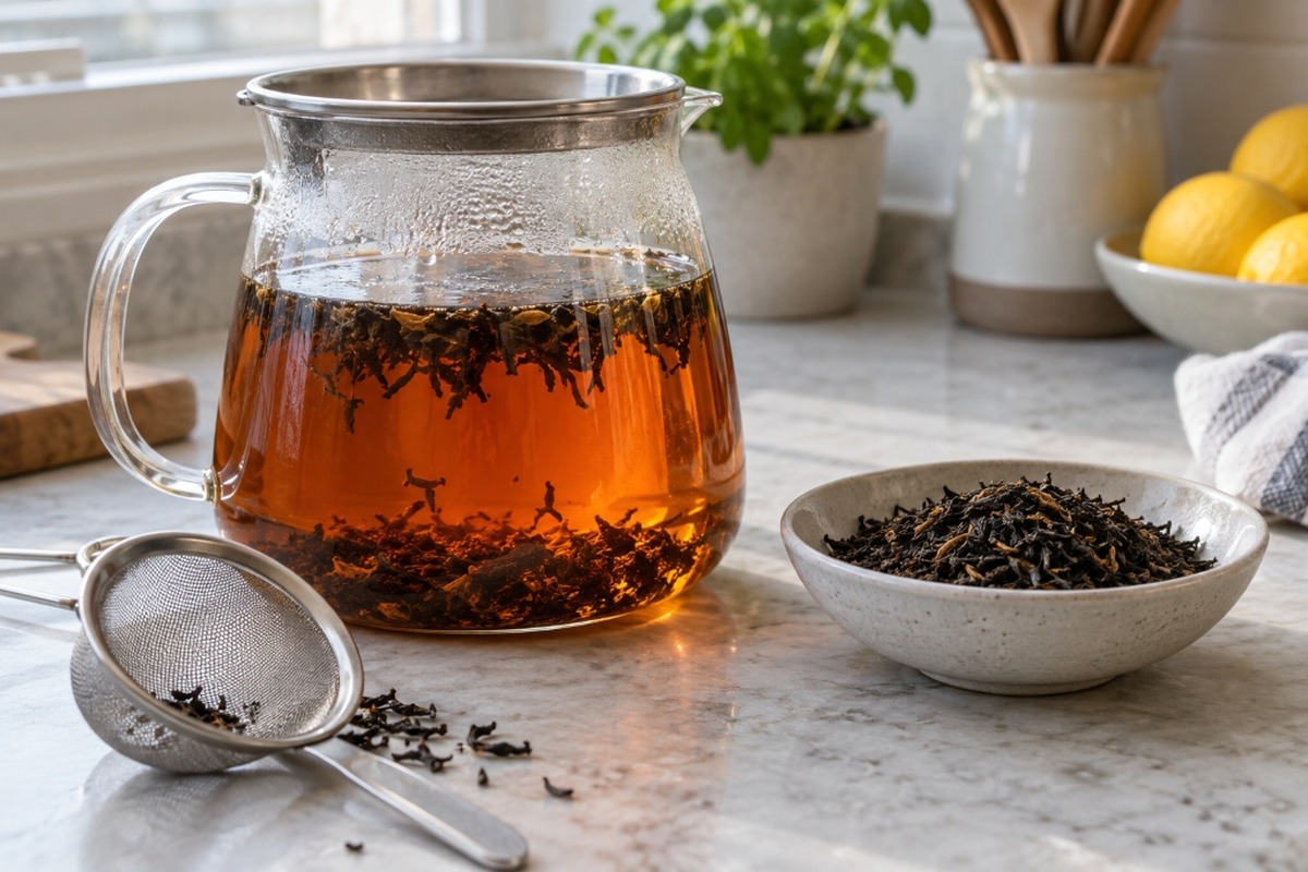 Loose Ceylon black tea brewing as a strong concentrate for milk tea