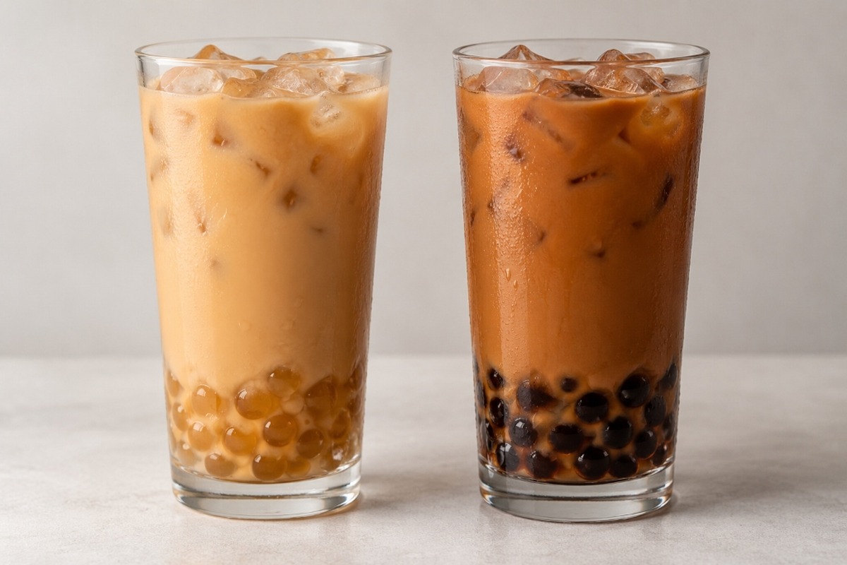 Two milk teas made with Ceylon and Assam black tea shown side by side