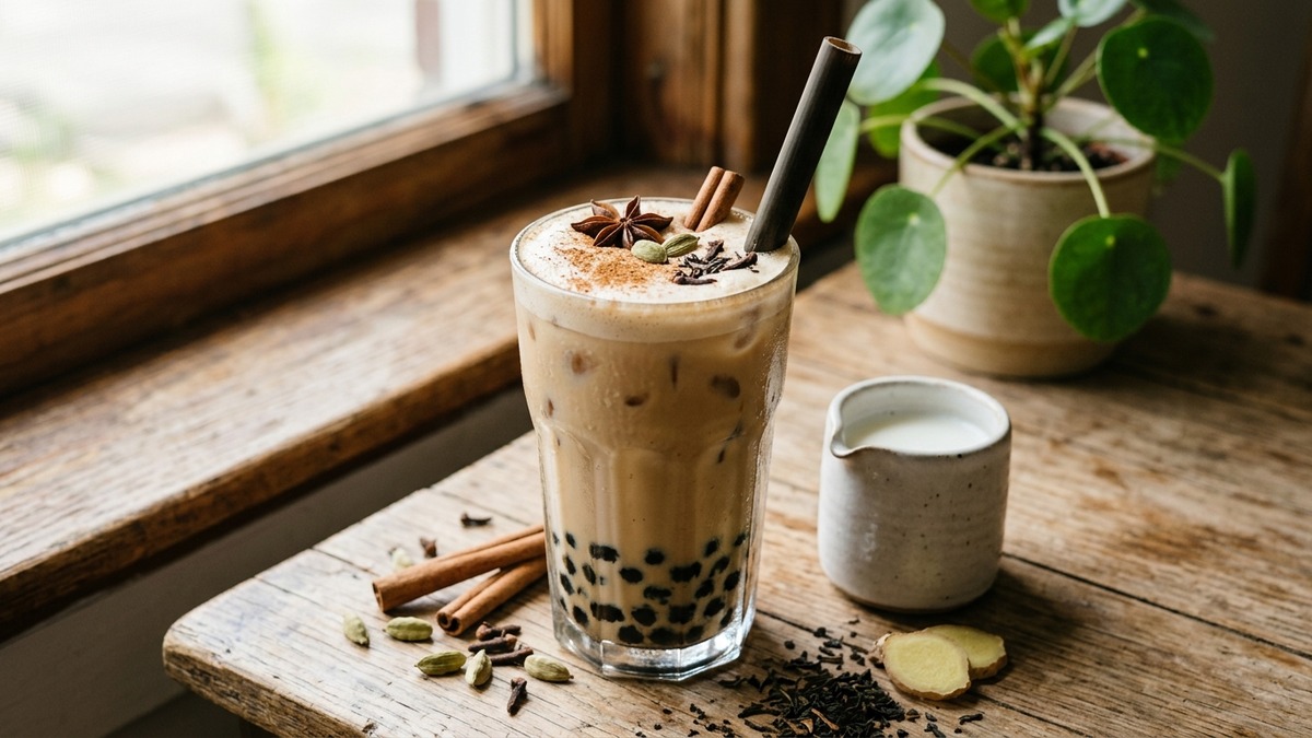 Iced chai bubble tea made with Assam tea and whole spices