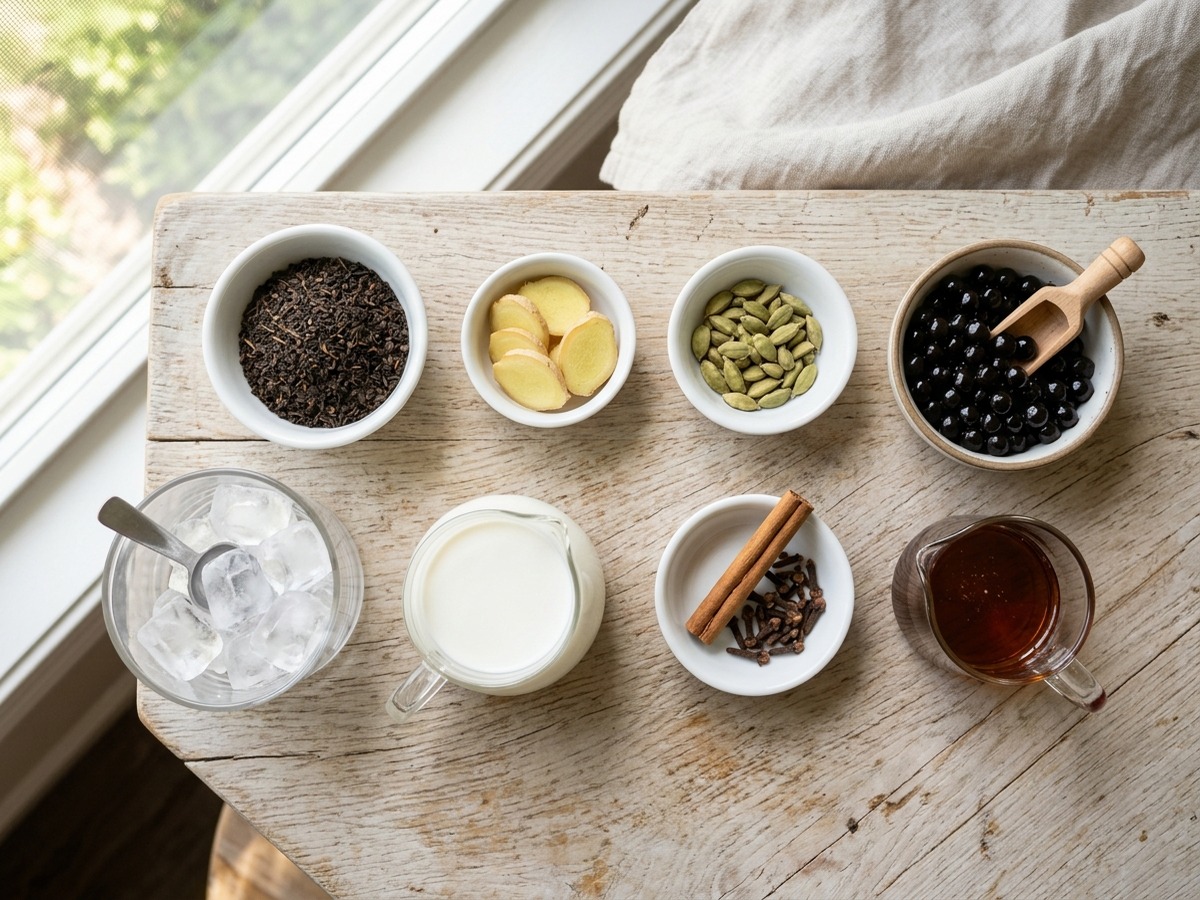 Assam tea, milk, tapioca pearls and chai spices for bubble tea