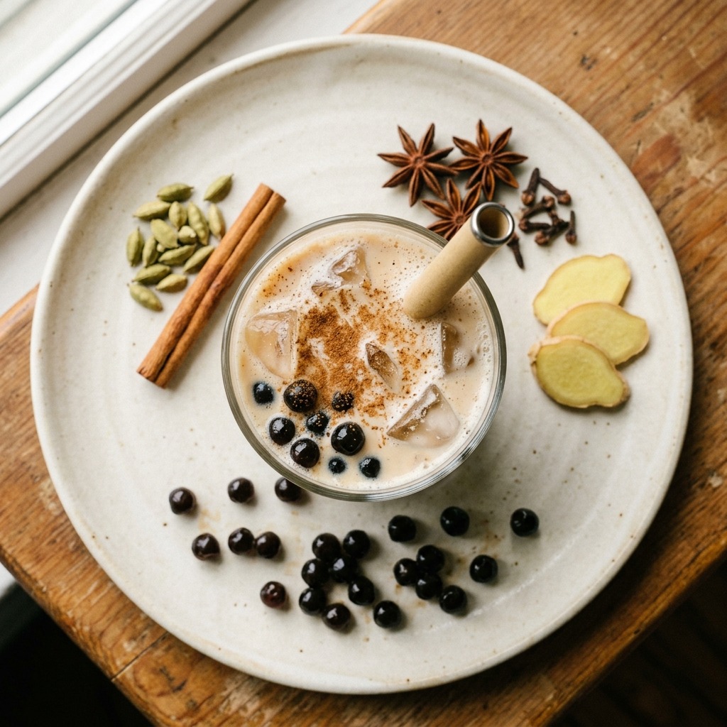 Glass of iced chai bubble tea with tapioca pearls square thumbnail