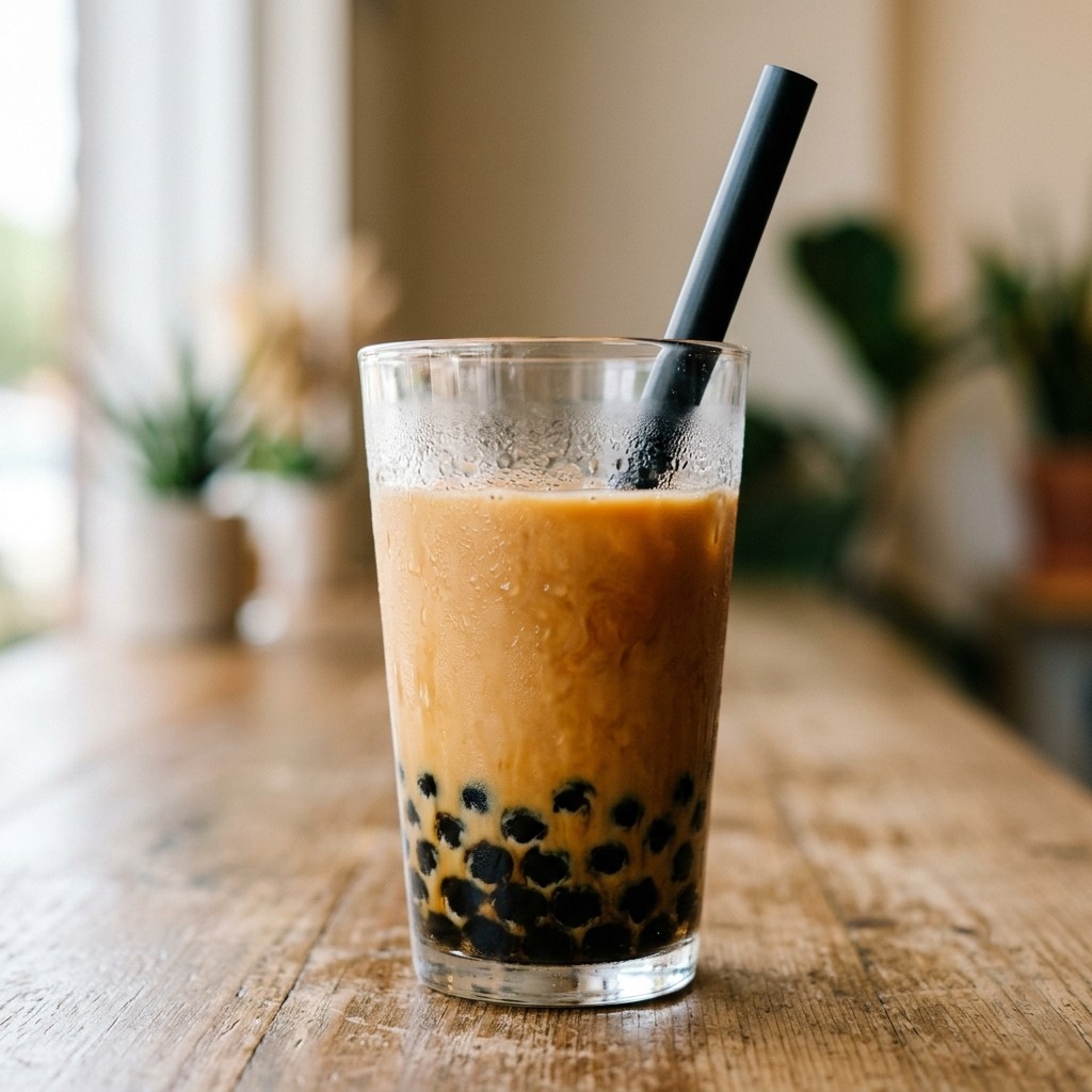 Classic black milk tea with tapioca pearls in a clear cup