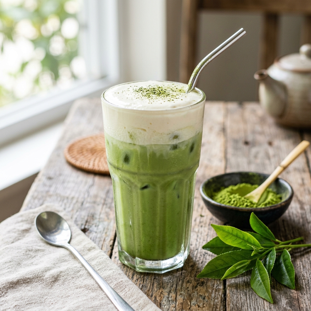 Close-up of mixing green matcha powder and milk for bubble tea