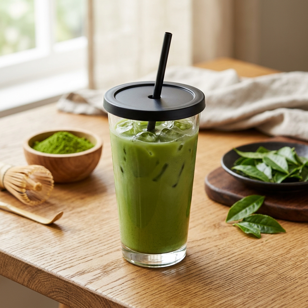 Vibrant green iced matcha milk tea banner for calorie guide