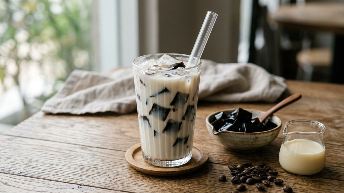 Coffee jelly boba made with dark coffee cubes and cold milk