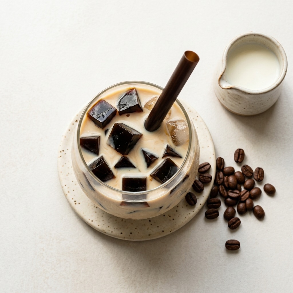 Coffee jelly boba in sweet milk with ice square thumbnail