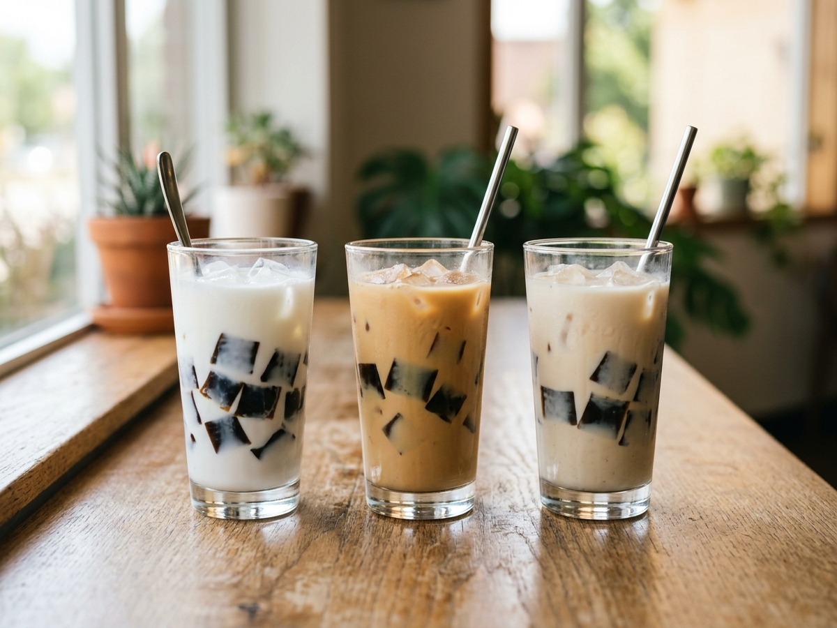 Coffee jelly served with fresh milk, black milk tea and oat milk