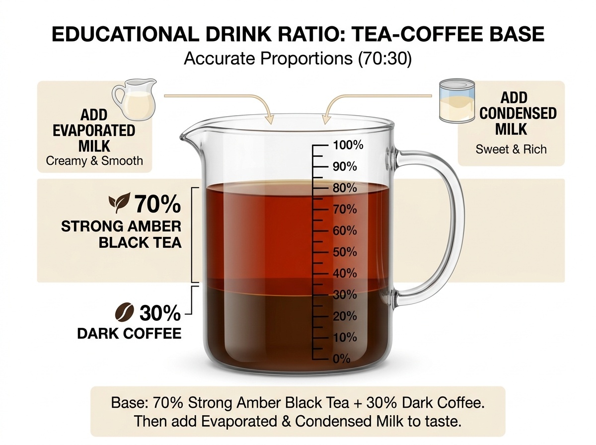 Educational drink-ratio diagram showing 70 percent strong amber black tea and 30 percent concentrated dark coffee with dairy additions